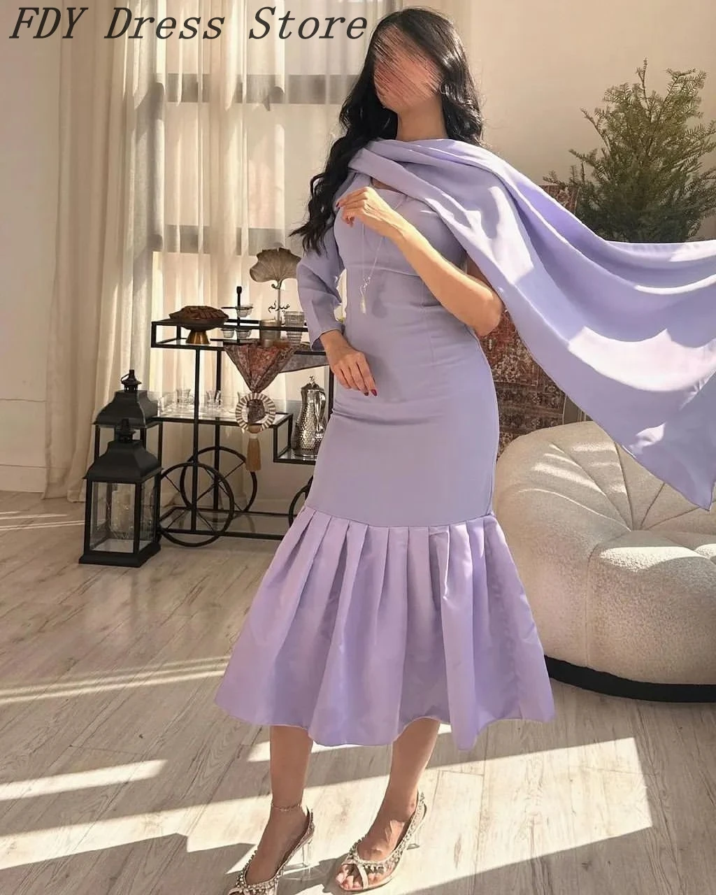 

Customized Mermaid Long Sleeve Prom Dresses One Shoulder Tea Length Back Zipper Formal Party Dresses vestidos de fiesta
