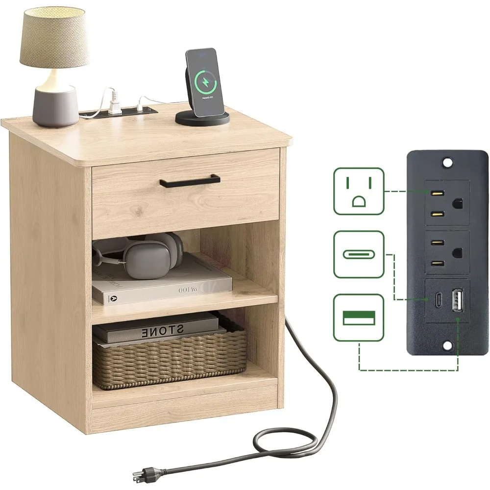 Everyday Side Table with Fast Charging Station - USB , Wooden Nightstand Bedside Table with Drawer and Optional Adjustable Shelf