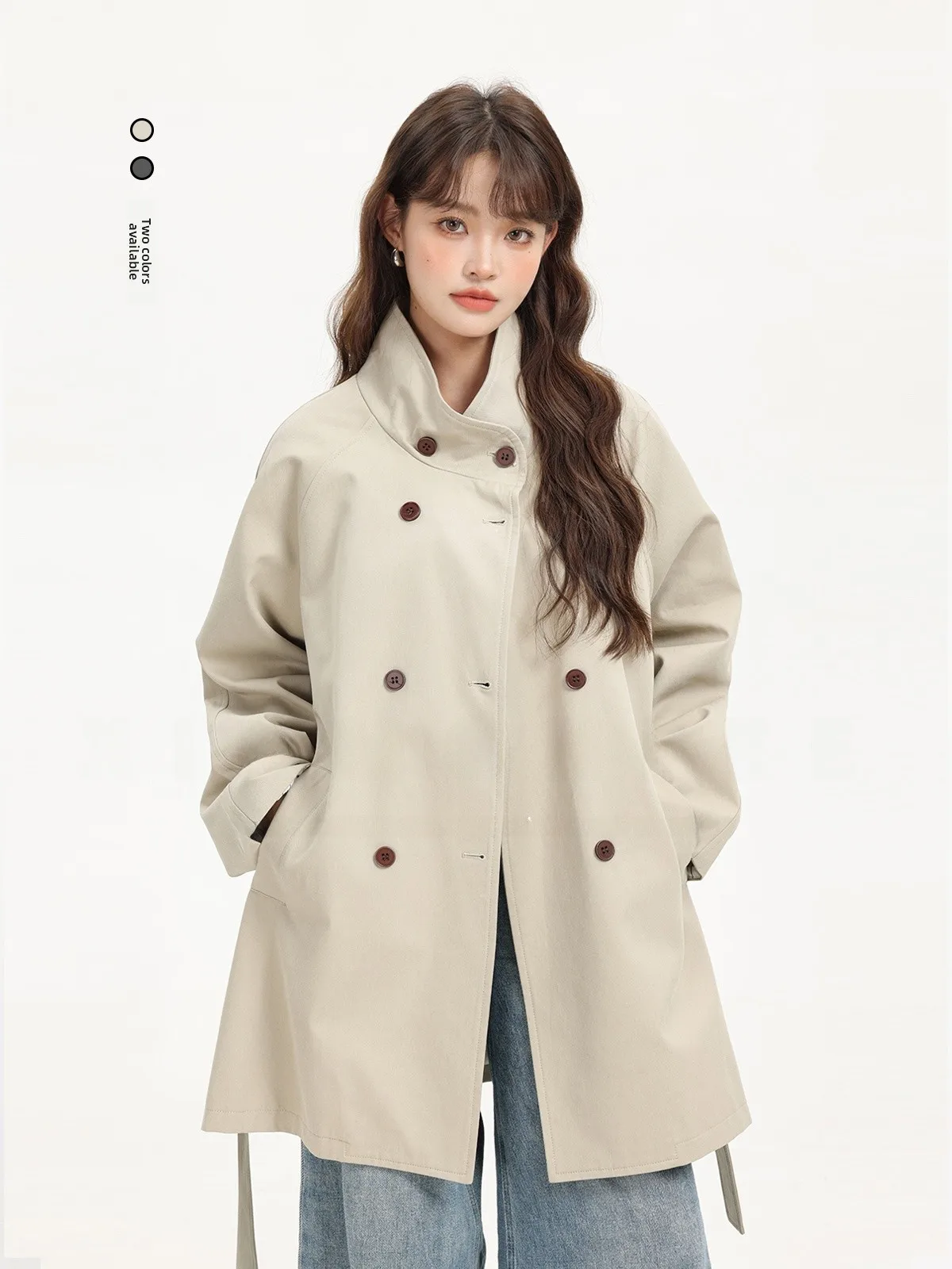 

Ele Agel Stand Collar Double Breasted High End Feel Coat Spring Autumn Design Striped Splicing Korean Sle Loose Fit