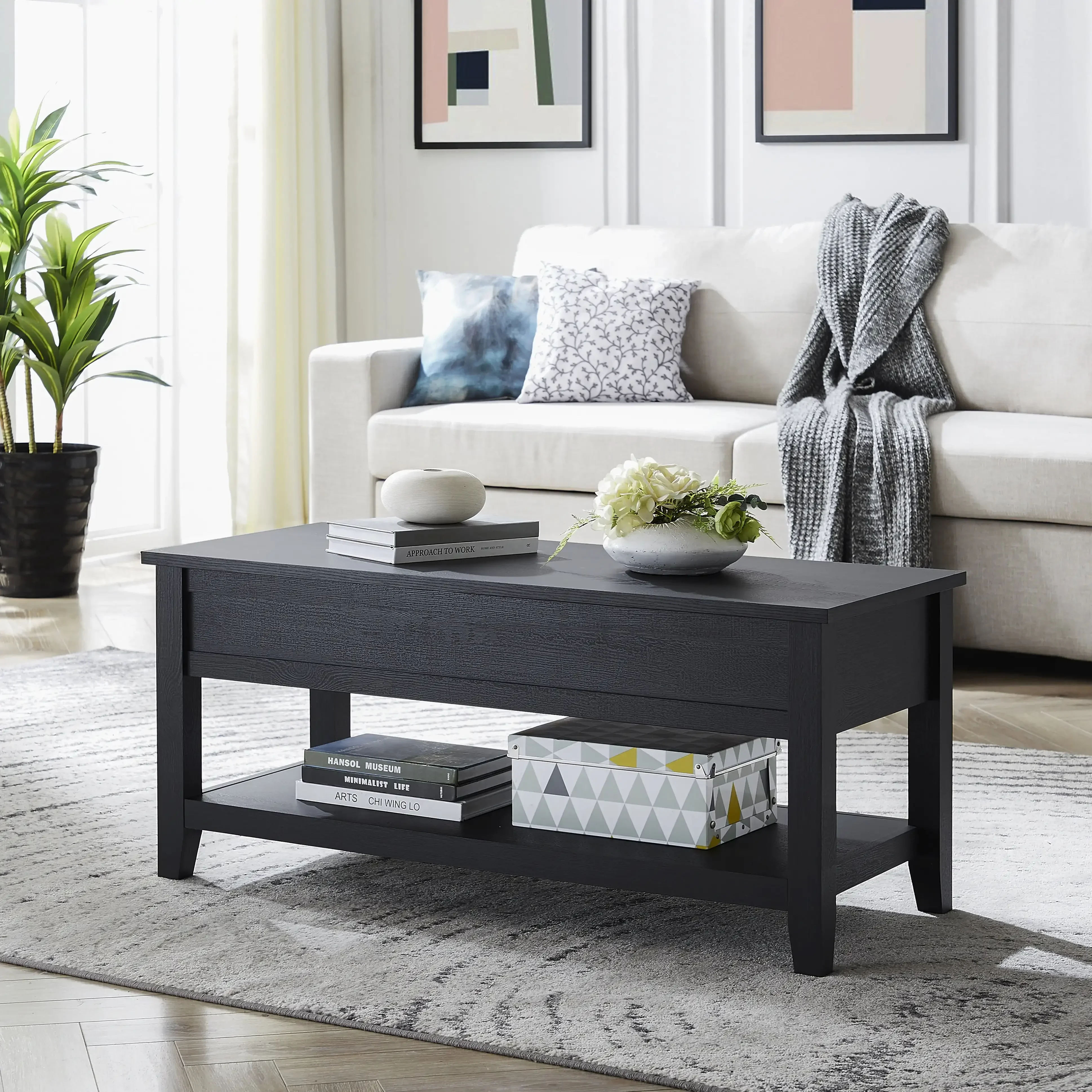 Lift Top Coffee Table with Storage Shelf, Black wood finish