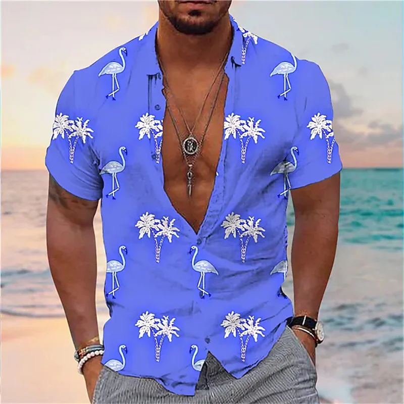 Chemise décontractée à manches courtes pour hommes, chemise de plage, imprimé de cocotiers, flamant rose, rue, haute qualité, nouveau style, été