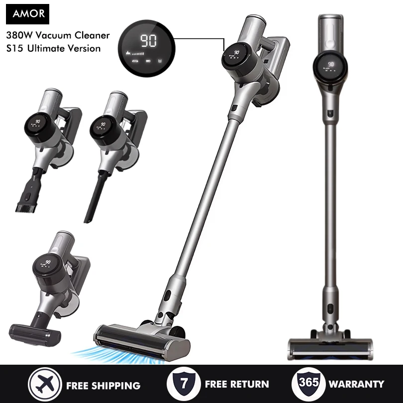 S15 핸드헬드 청소기 28kPa 380W 강력 흡입 8-in-1 전기 무선 끈 가정용 청소기 차량용 진드기 제거 스마트 LED 디스플레이 휴대용 청소기 