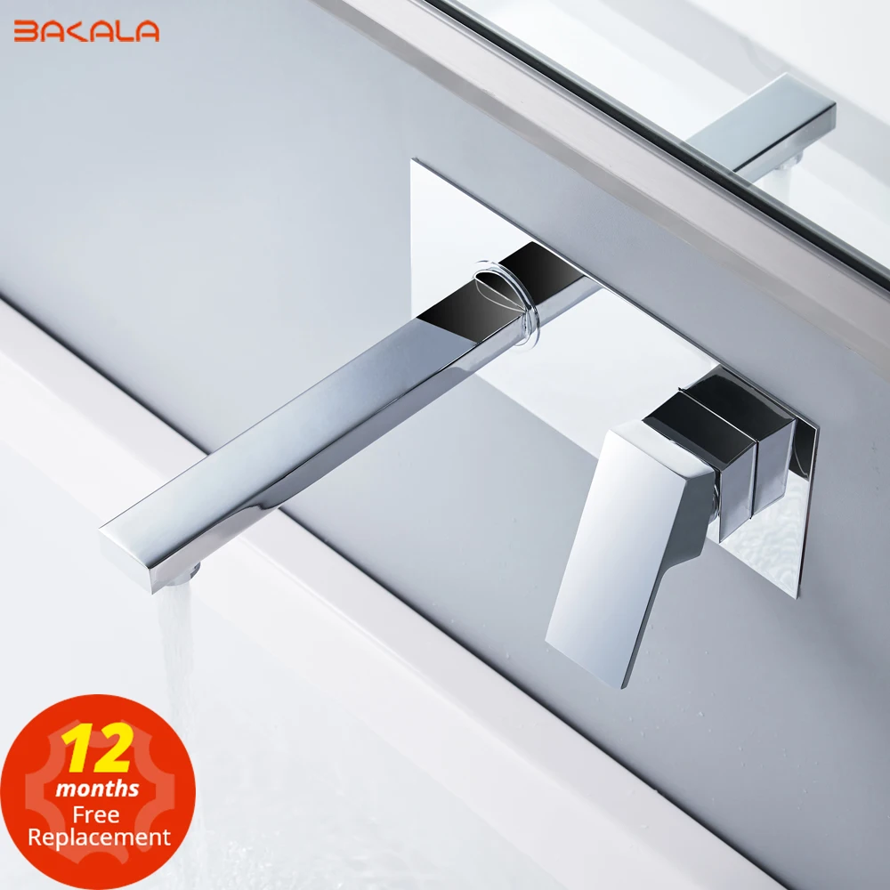 BAKALA  Free shipping Bathroom Basin Sink Faucet Wall Mounted Square Chrome Brass Mixer Tap With Embedded Box LT-320R