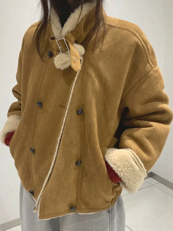 

Ladies' Warm Thiened Lamb Fur Skin Inteated Jaet Retro Double Buttoned Deer Skin Velvet Biker Sle ort Coat