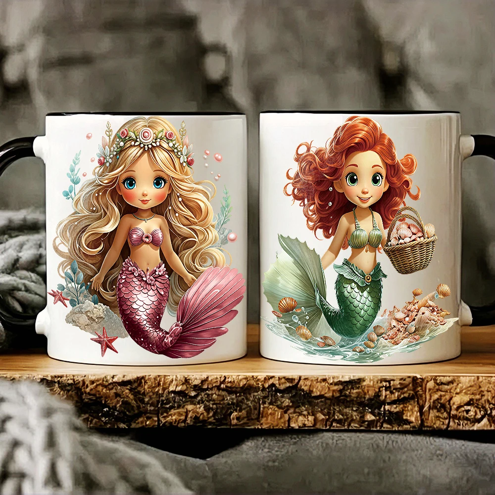 6pcs Rainbow The Radiant Mermaid UV DTF Transfer Stickers Cartoon Dolphin Scallop Mermaid Mug Transfer Sticker Washable Stickers