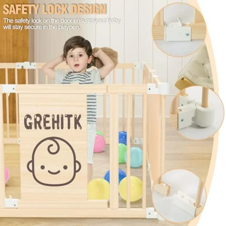 Box per bambini pieghevole in legno per bambini con forma e dimensioni regolabili, grande recinzione di sicurezza e centro attività con Locki