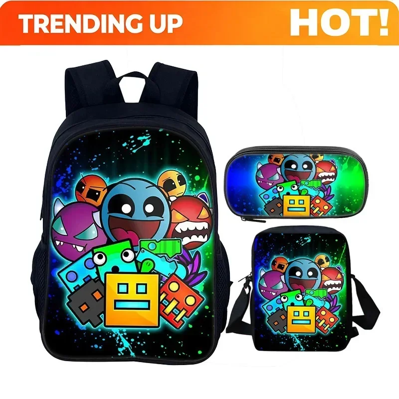 Custom Bag New Angry Geometry Dash Child School Backpack With Shoulder Bag Pencil Bags School Bags For Boys Girls Best Gift