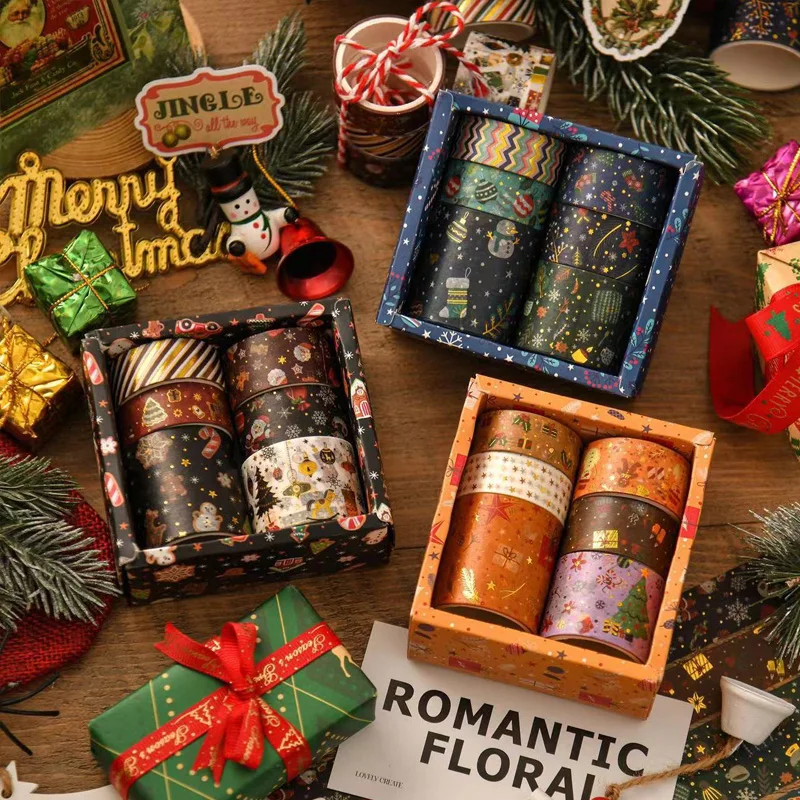 6 Roll Christmas and Paper Tape Set Retro Hand Account Decoration Material Stickers Hot Stamping Tape