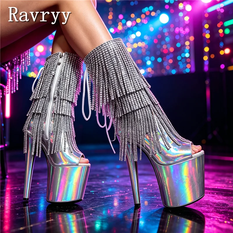 Sparkly Rhinestones Tassel Platform Dance Boots Women Sexy Peep Toe 20CM Super High Heel Night Club Stage Performance Pumps