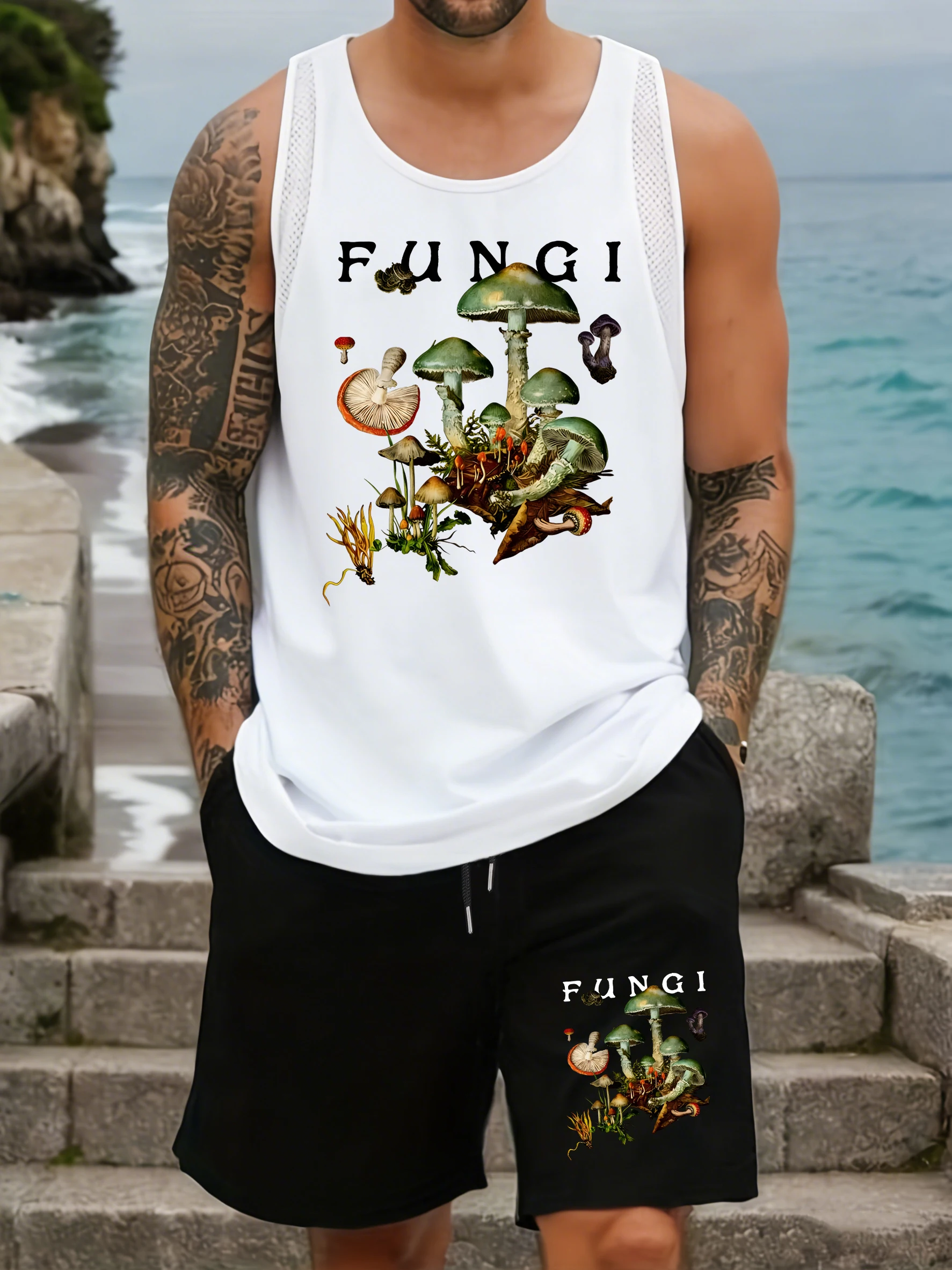 Mysterious Colored Fungi Design Men Vests Set Drawstring Wide-Leg Shorts Pocket Breathable Pant Sleeveless Summer Mesh Tank Tops
