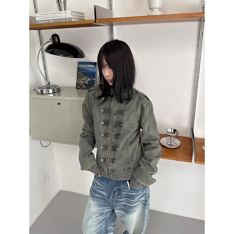 ZHIZOU Autumn Winter Women Army Green Zipper Denim Jacket American Retro Y2k 2000s Short Cargo Jacket Cowboy Outwear Tide Punk