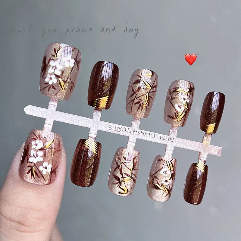 10 قطعة نمط الأوراق والزهور الأظافر وهمية عين القط انفصال Chinoiserie مسمار نصائح قابلة لإعادة الاستخدام البني قصيرة مربع الأظافر كاذبة