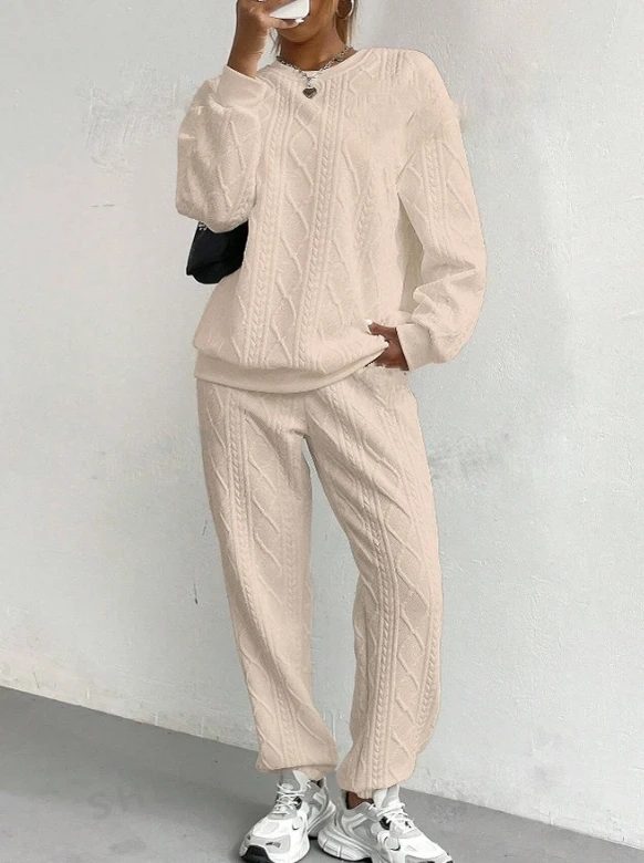 Athleisure two piece set for woman Casual Solid Fried Dough Twists Knit Loose Long Sleeve O-Neck Sweatshirt High Waist Pants Set