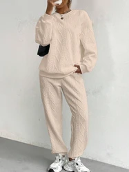 Athleisure two piece set for woman Casual Solid Fried Dough Twists Knit Loose Long Sleeve O-Neck Sweatshirt High Waist Pants Set