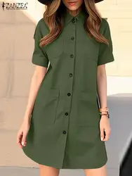 ZANZEA Fashion Cargo Knee-length Dress Women Elegant Button Up Turn-Down Collar Work Shirtdress 2024 Summer Short Sleeve Vestido