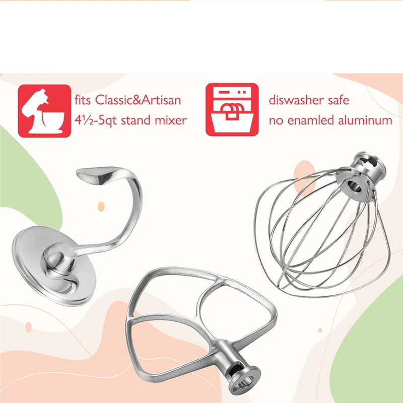 

ABRW-Stainless Steel Accessories For Kitchenaid 4.5-5 Qt Tilt Head Stand Mixer, Includes 6 Wire Whisk, Flat Beater,Dough Hook