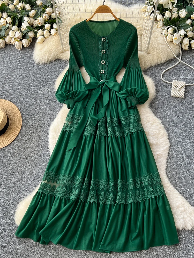 

Women Korean Style Dress Elegant Lace Hollow Embroidery Pleated Patchwork Long Sleeved A-line Big Swing Maxi Vestidos DS279