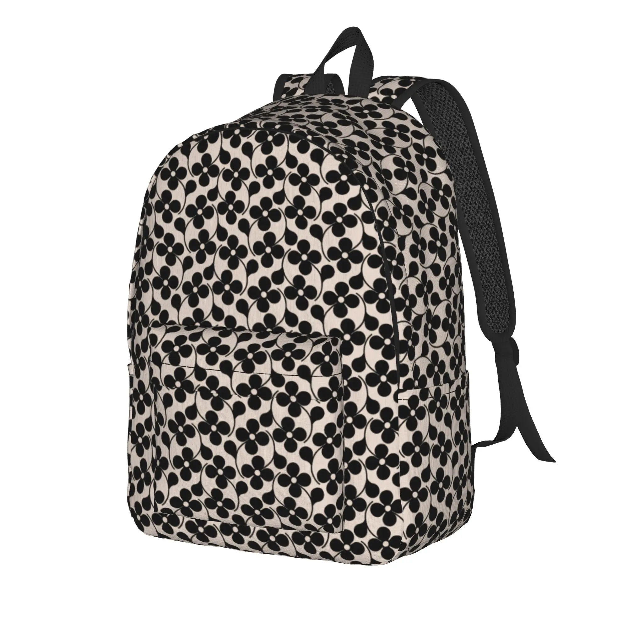Minimalist Black Four Petal Flower Cream Base Seamless Print Backpack  Girl Polyester Trekking Backpacks Pattern Bags Rucksack