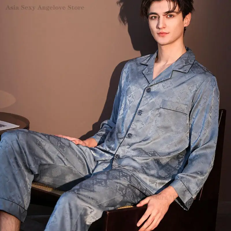 

Новый мужской комплект пижамы для сна на весну-лето: топ с длинным рукавом и брюки из шелкового сатина с жаккардовым узором, домашняя одежда, одежда для отдыха, пижама для женщин