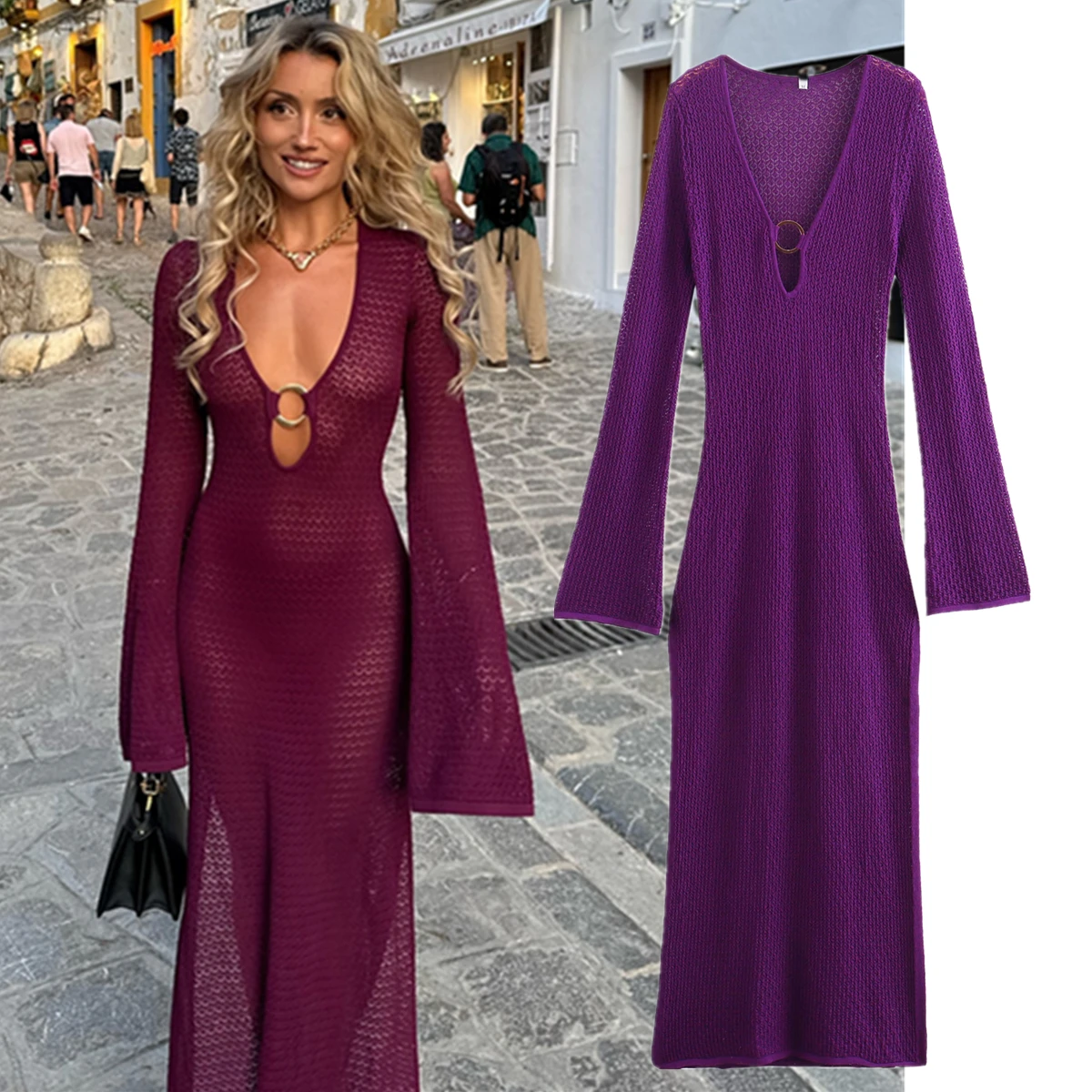 Maxdutti 2024 Hollow Out Sexy Fashion Midi Dress Women Autumn French Blogger Metal Ring Buckle Purple Knitted Dress