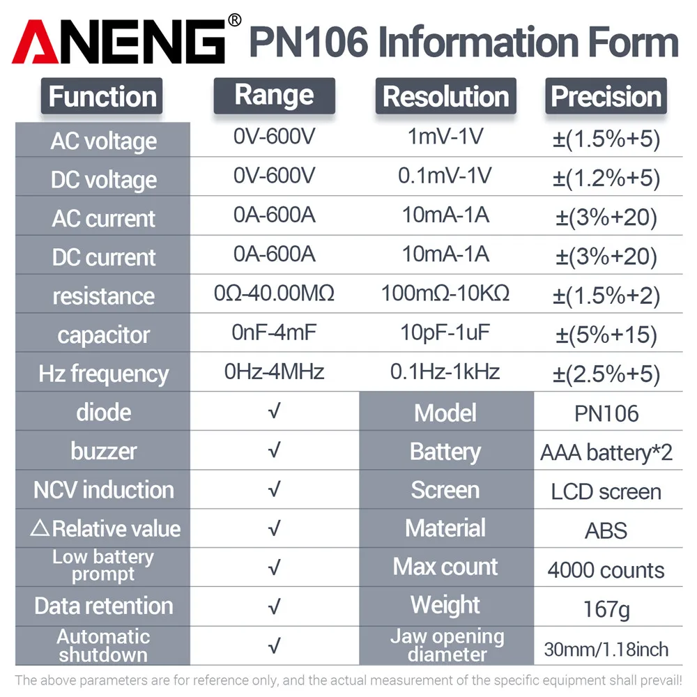 ANENG PN106/PN107 Digitale 4000 Telt Stroomtang Scherm 600A 600 V AC/DC Spanning Multitester Diode Zoemer Test Elektrisch Gereedschap