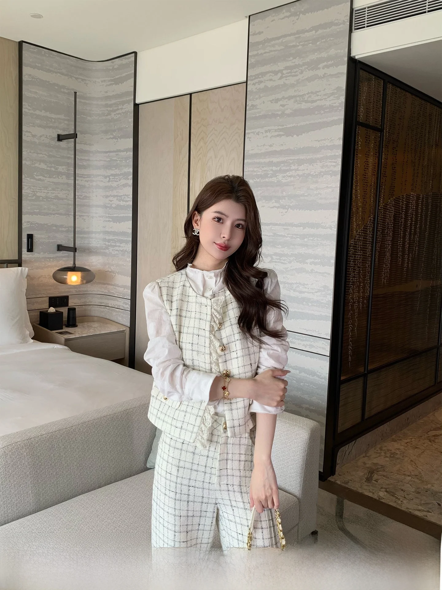 

Kun Total Black White Plaid Small Fragrance Style Set Women's Spring Vest Straight Leg Pants Two Piece Set New Model
