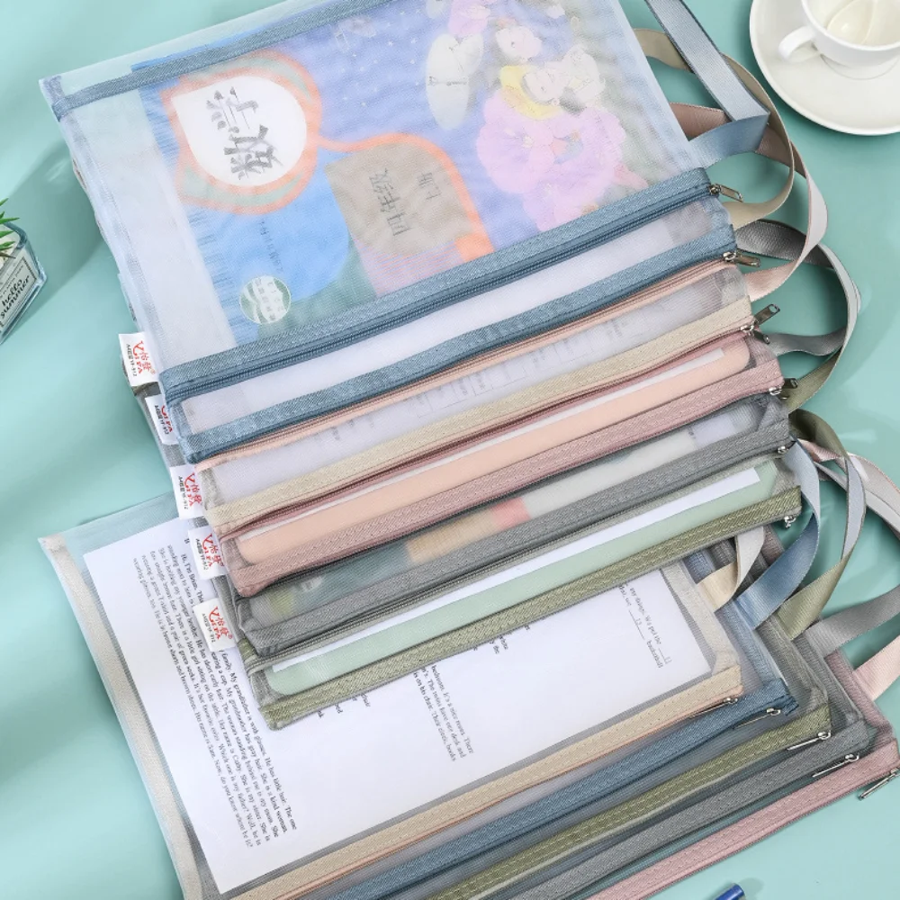 حقيبة تخزين A4/A5 بسحاب بطبقة مزدوجة حقيبة أقلام رصاص شبكية مع مقبض حقائب مكياج لمستحضرات التجميل لألعاب المكاتب المدرسية