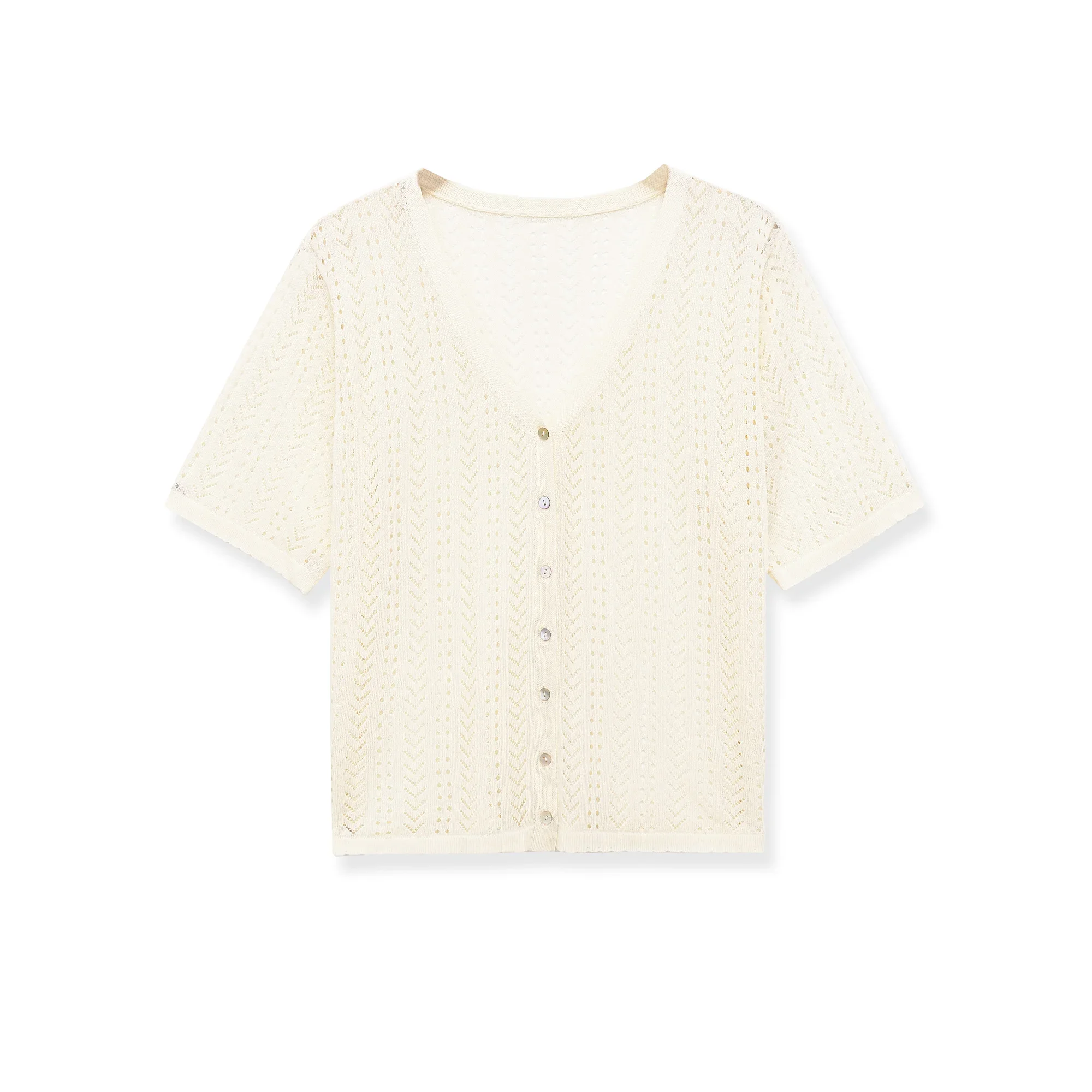 KASLEAD New Women's Fashion Knitted Hollow out Short Sleeve V-Neck Pullover Polyester Fiber Spring Summer Autumn Cardigan