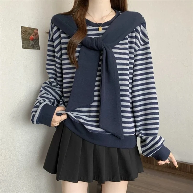 كسول القوس جلد حجم كبير هوديس بلوزات ربيع الخريف اثنين طويلة الأكمام نمط Preppy القمم الاتجاه الملابس النسائية الكورية #2