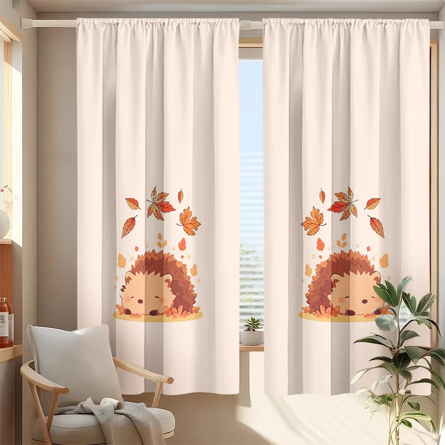 2PCS Digital Print Curtain, Hedgehog Falling Leaves Beige Cute Cartoon, Fall Autumn Animal for Living Room Bedroom Decor