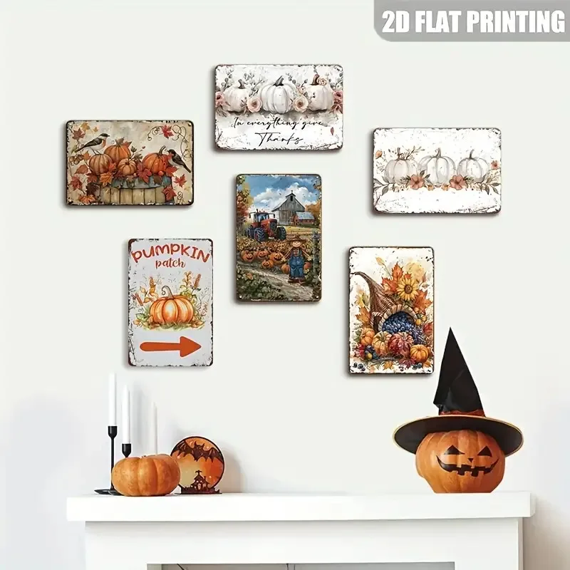A Set of 6 Vintage Autumn-themed Wooden Signs, Featuring Fallen Leaves and Pumpkins, Is Perfect for Decorating Your Home, Kitche