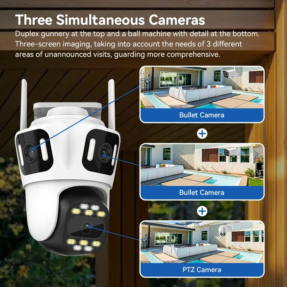 Three Lens Three Screens 6K HD PTZ Wifi IP Camera Dual Len Dual Screens 4K Auto Tracking Outdoor Wireless Security Camera ICsee