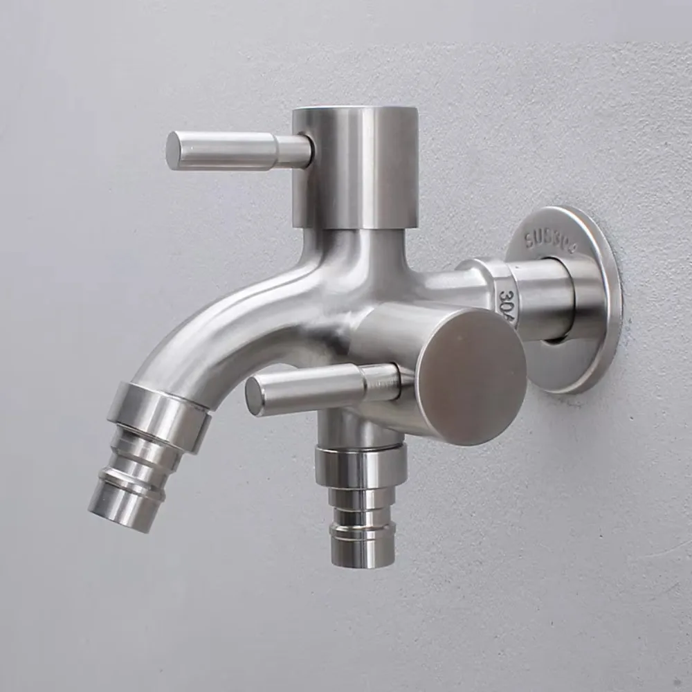 Stainless Steel Double-outlet Garden Faucet Antiseptic Durable Washing Machine Faucet Rust-proof Garden Water Tap Irrigation