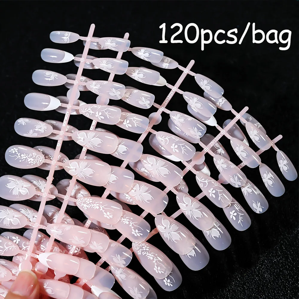 120Pcs Elegant Medium Almond Press On False Nails #24*5Tips Pink White Hibiscus Flowers Full Cover Wearable Artifical Fake Nails