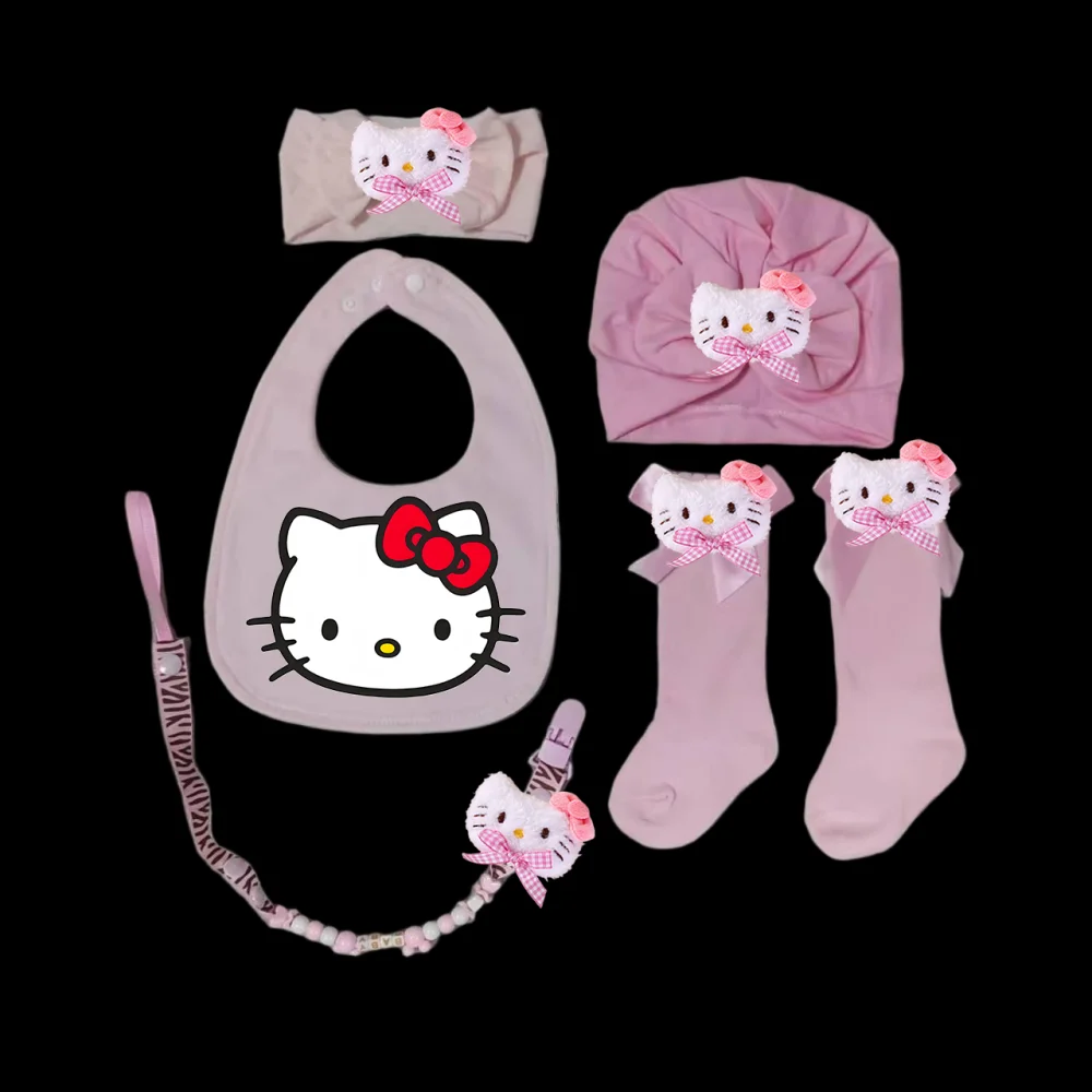 

Детская повязка на голову + шапочка + нагрудник + носки + цепочка для соски, комплект из 5 предметов из чистого хлопка для новорожденных девочек, комбинированный набор Kawaii для новорожденных