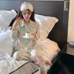 Pastoral Style Summer Silk Pajamas Set for Ladies 2023 New Long Sleeve Top and Pant Suits Sleepwear Pajamas Sets Home Suit Woman