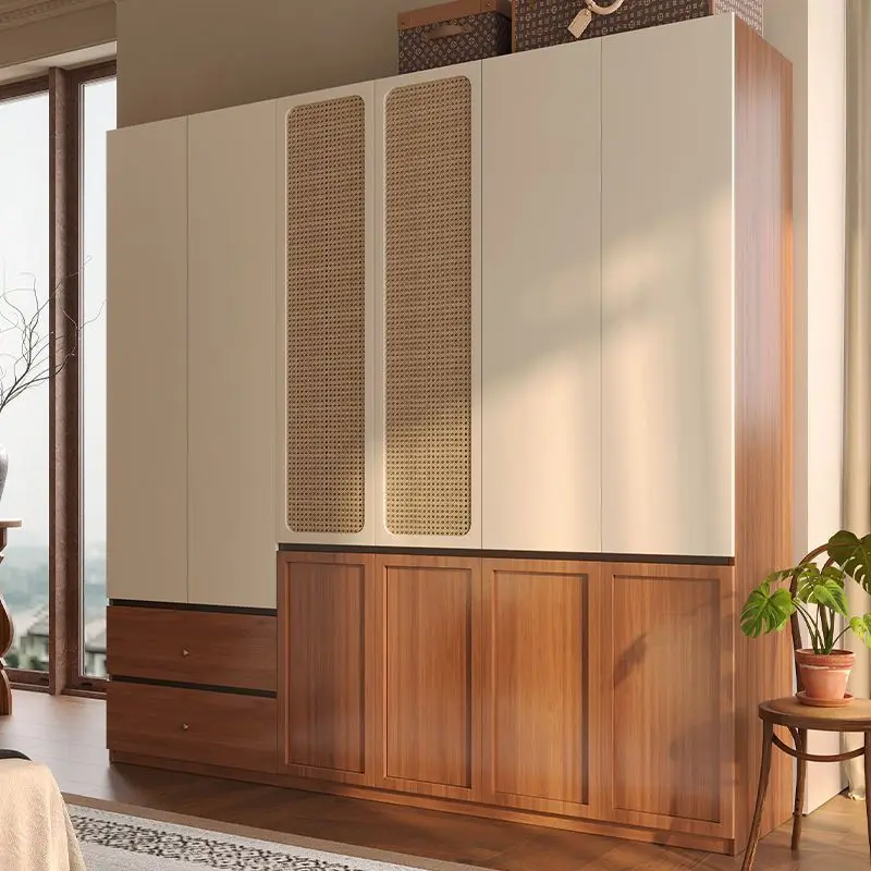 

Medieval style segmented solid wood rattan wardrobe one door to the top free handle modern simple European pine board wardrobe
