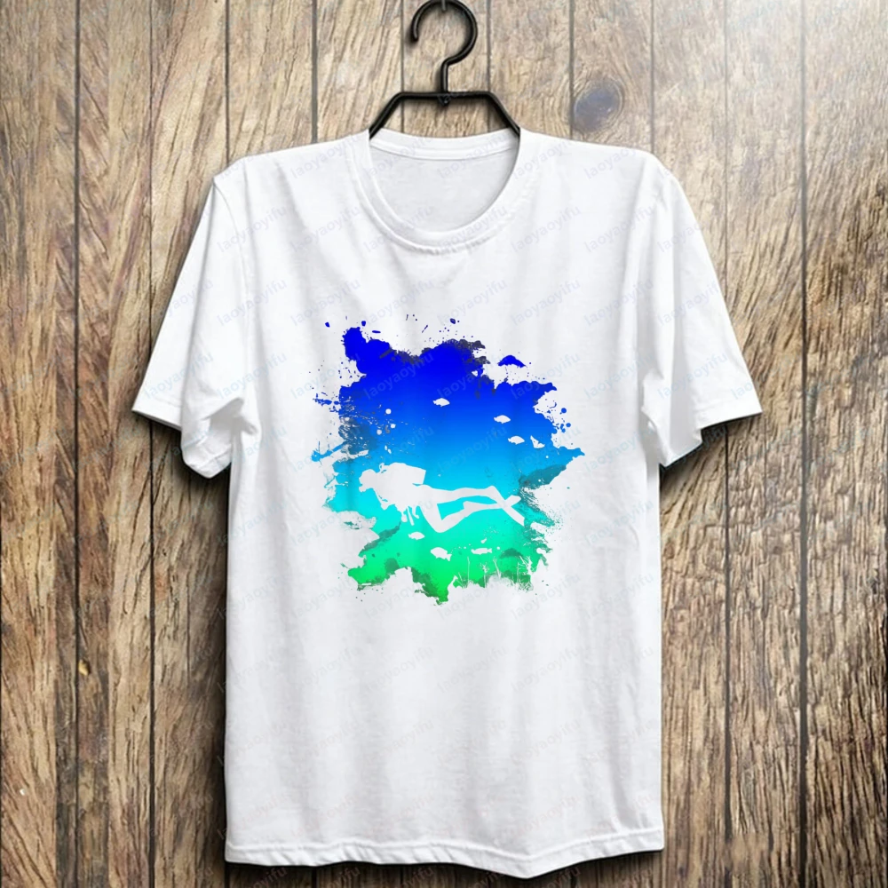 Diver Gradient Silhouette Print Casual Shirt Timeless Ocean Cotton Tee Summer Casual Diving Apparel Trend Retro Men's Clothing