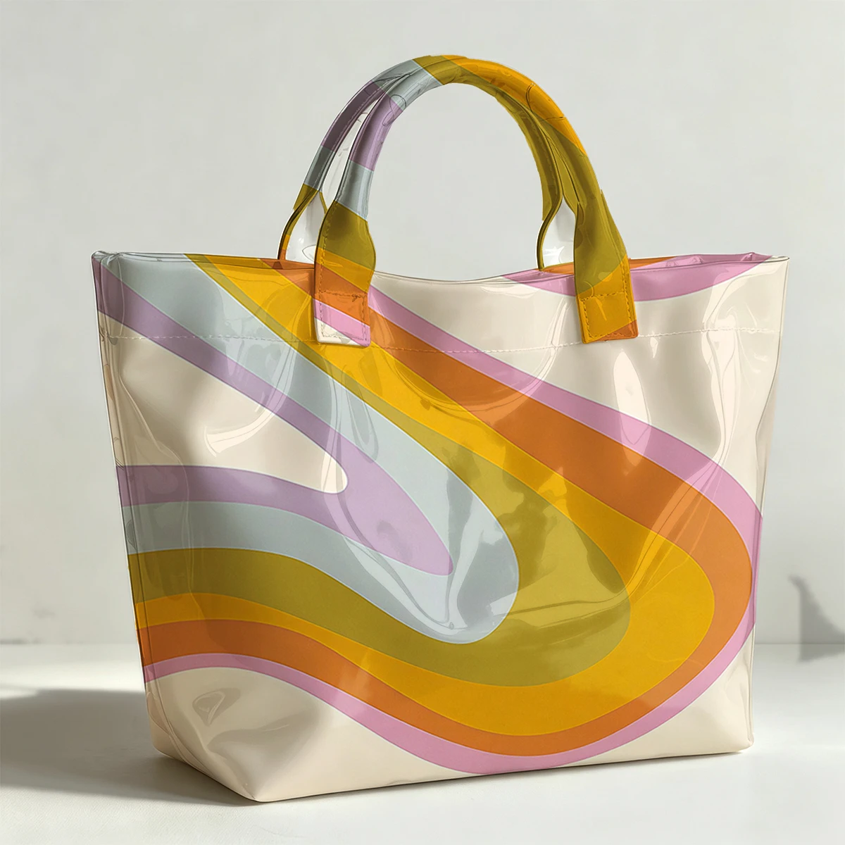 Retro Gradient Wave Fashion Bag Transparent PVC Waterproof Handbag Large Capacity Daily Commute Shoulder Tote Mummy Bag