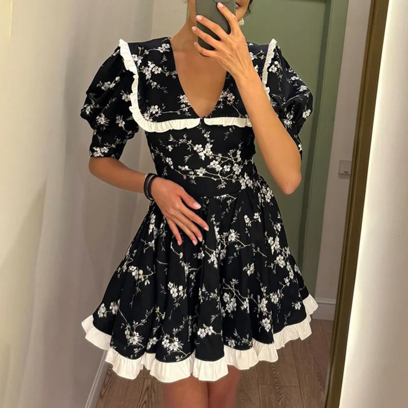 

Ticketsx Floral Patchwork Mini Dress Fashion New Women Print Contrast High Waist Dress Autumn Vacation Birthday Female Vestidos