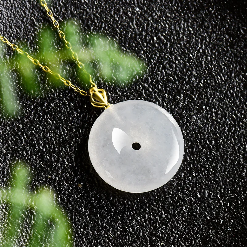 

White Myanmar Jadeite Donut Pendant Necklace Luxury 925 Silver Carved Amulet Accessories Gifts for Women Burmese Jade Fashion