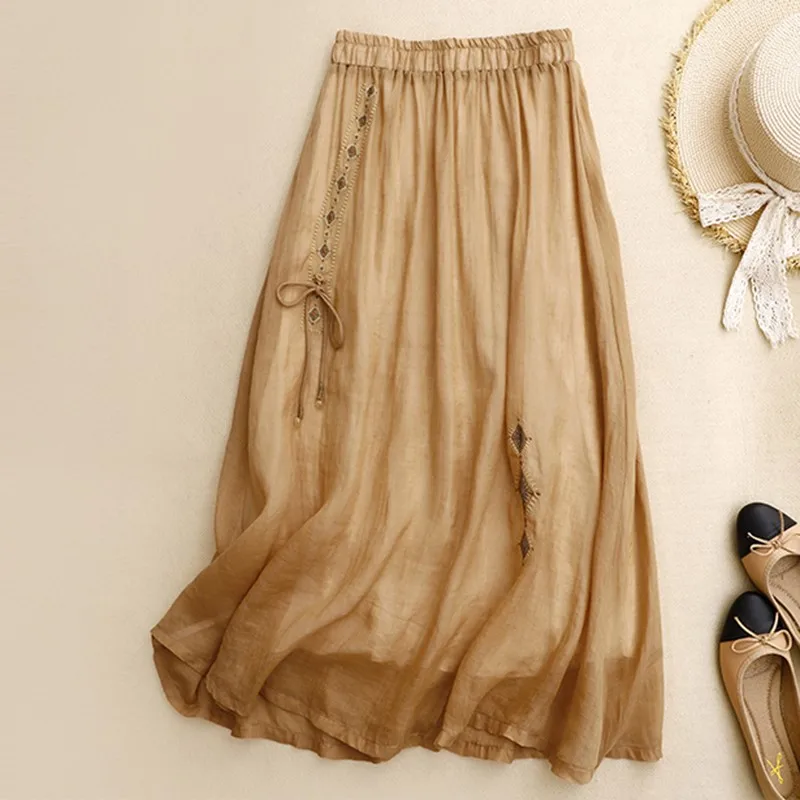 

Summer Vintage Style Embroidery Elastic Waist Loose Female A-line Long Skirts B3574 Women Casual Skirt New Arrival 2025