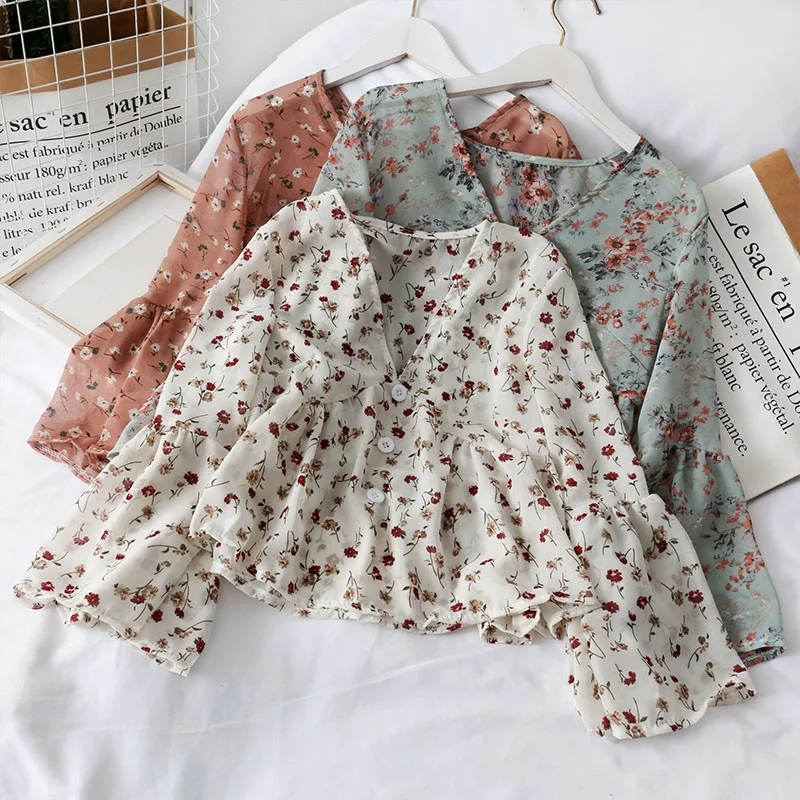 Blouses Women Temperament V Neck Floral Print Sweet Small Fresh Long Sleeves Chiffon Shirt Autumn All-match Short Crop Top