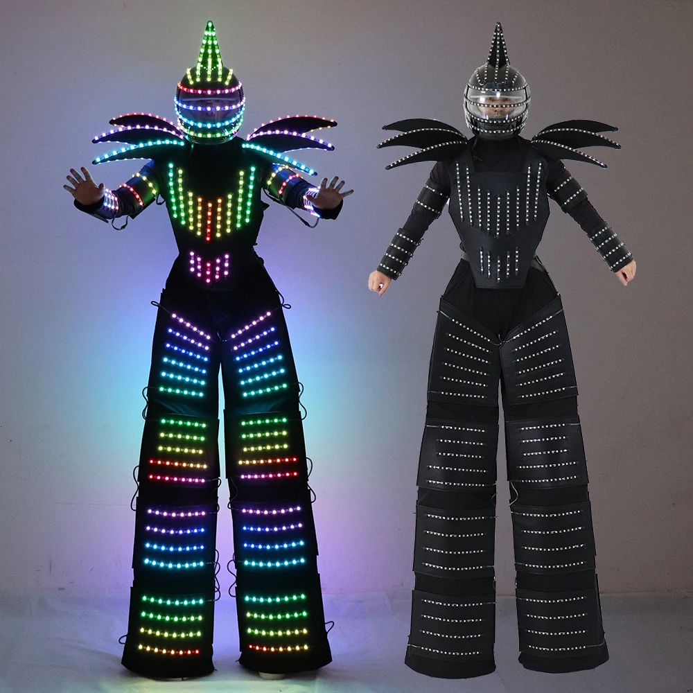 Full Color LED Robot Suit Light Up Stilts Walker Costume David Dance Color Luminous Clothing Laser Gloves CO2 Gun Jet Machine
