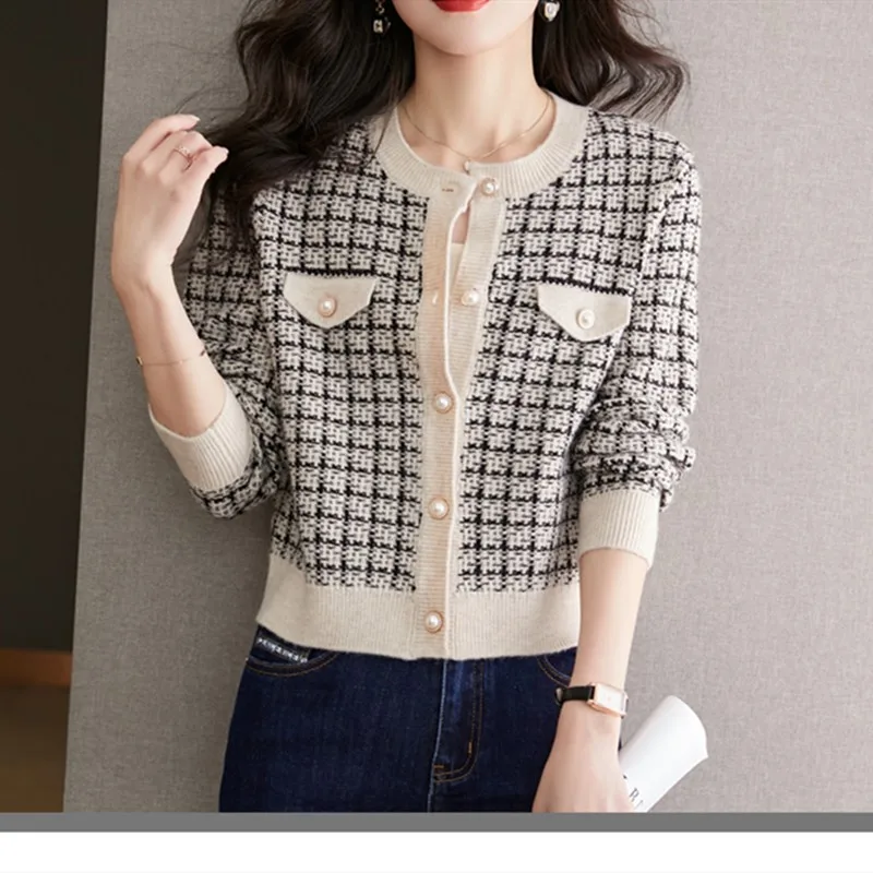 Autumn Korean Fashion Vintage Plaid Patchwork Cardigan Sweater Ladies Loose Casual All-match Knitted Coat Buttons Outwear NS5781