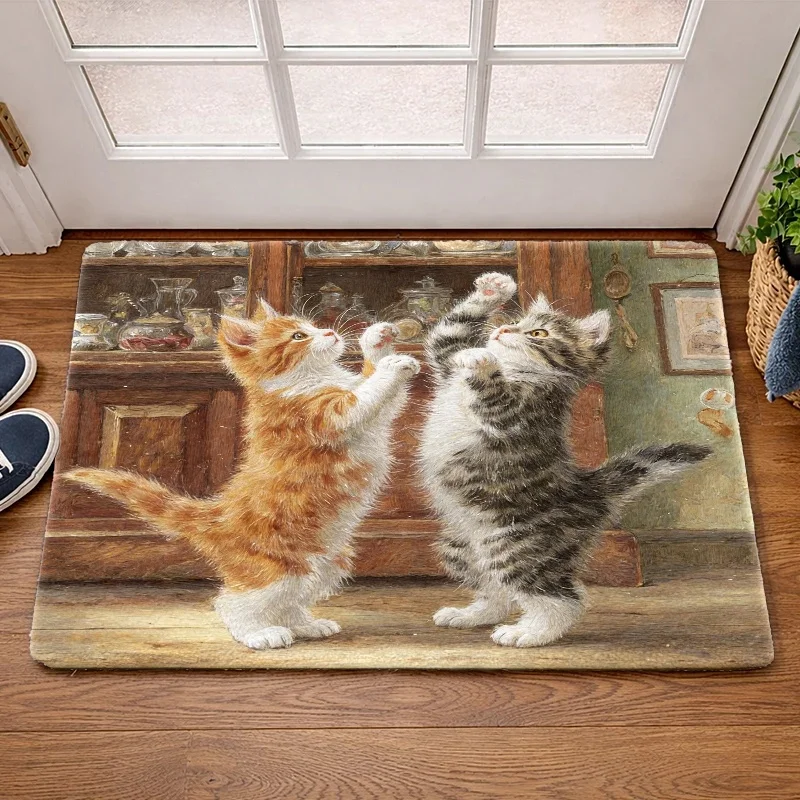 2D Flat Suitable for Floors with Two Playful Kittens - Soft Flannel Floor Mat, Oval Suitable for Living Room, Bedroom, Entryway, Dorm Decor - Cozy Gift, Hand