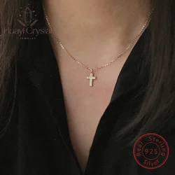 Original design S925 sterling silver plated 14K gold necklace Women's Classic glossy cross pendant niche ins clavicle chain