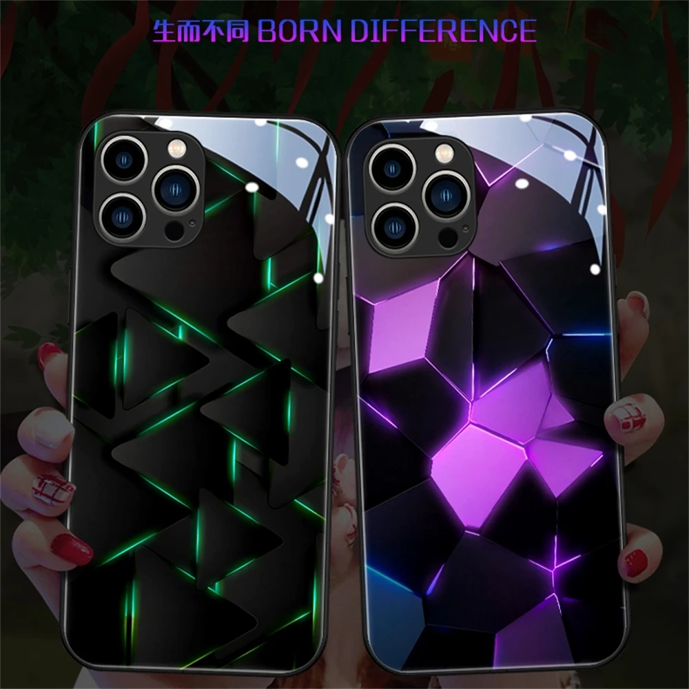 

Pretty Purple Rhombus Sound Control LED Flash Case Luminous Glass Cover For iPhone 16 E 15 14 13 12 11 Pro Max XR XS Plus