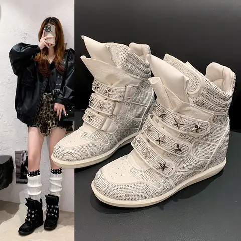 Women's High‑Top Hidden Luxury Wedge Sneakers 6cm Height Increasing Casual Shoes Magic‑Tape Punk Casual Unisex Designer Shoes