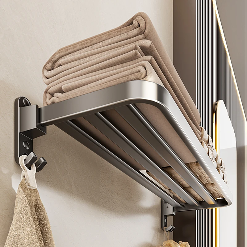 

Self-adhesive Bathroom Towel Rack without Drilling Screws Wall Mount Bath Towel Hanger Holder Folding Large Storage Towel Rail